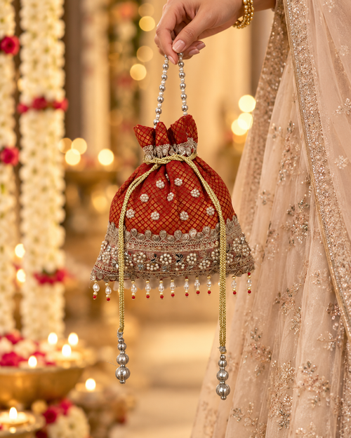 Riwaaz Red Potli with Gold Zari Work, Pearl Drops and Beaded Handle