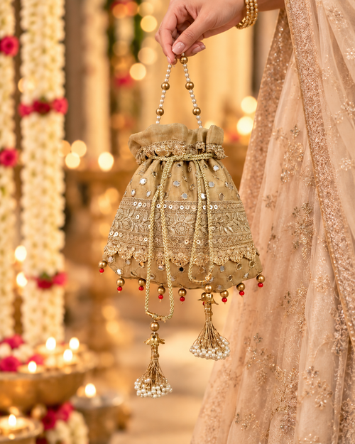 Golden Zardozi Potli Bag with Mirror Work, Pearls and Brocade Embroidery