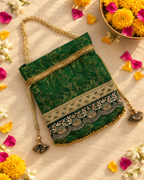 Green Embroidered Brocade Potli Bag with Scalloped Lace Border and Gold Bead Fringe