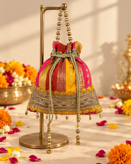 Rangrez Potli – Handcrafted Embroidered Brocade Potli Bag with Zari Borders and Beaded Handle