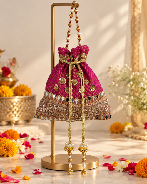 Shahi Rani Potli – Rani Pink & Gold Embroidered Brocade Potli Bag with Mirror Work