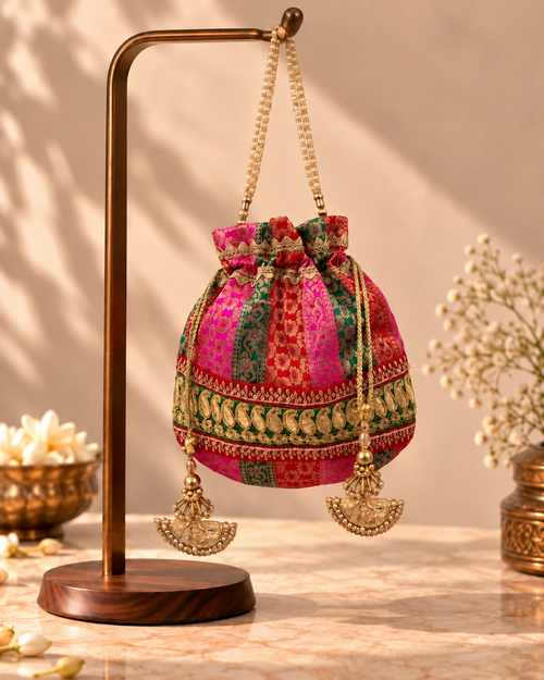 Multi-Panel Festive Potli Bag with Gold Paisley Embroidery – Silk Brocade