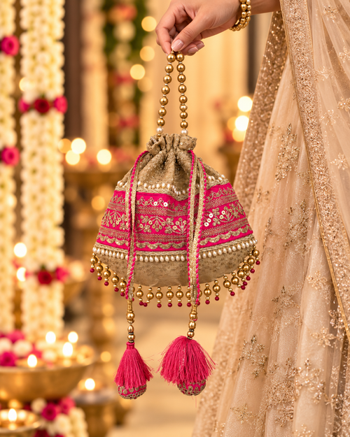 Gulabi Raat Gold & Pink Handcrafted Brocade Potli Bag with Pearls