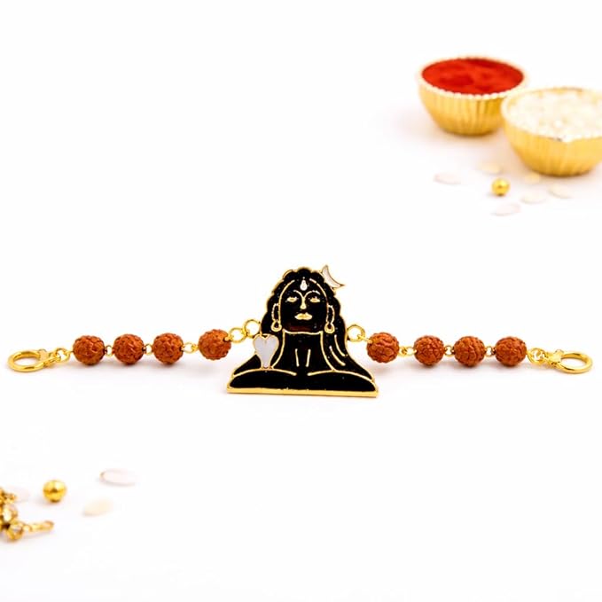 Shiv Adiyogi Rudraksha Rakhi for Brother | Gold Finish Designer Rakhi with Roli Chawal product image
