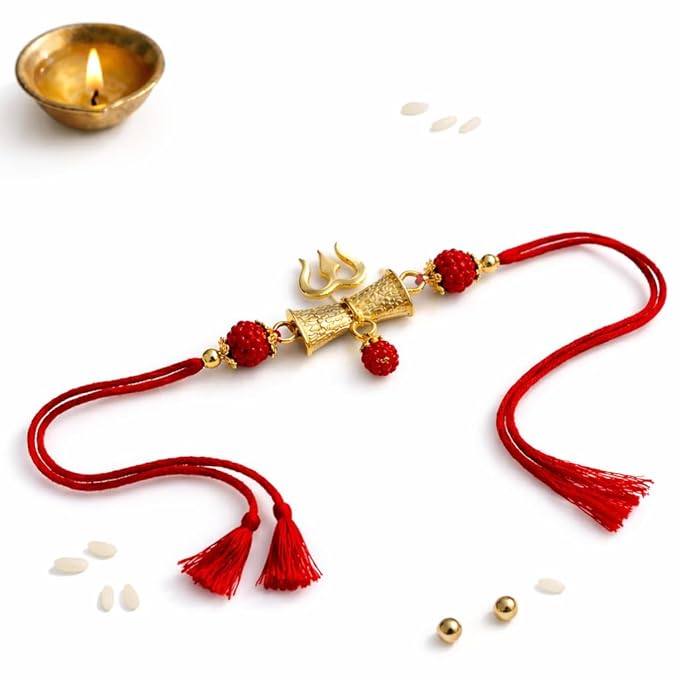Designer Shiv Trishul Rudraksha Rakhi Bracelet with Gold Finish, Traditional Raksha Bandhan Thread product image