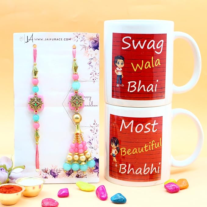 Premium Rakhi Gift Combo with Printed Ceramic Mug, Designer Rakhi for Brother & Bhabhi product image
