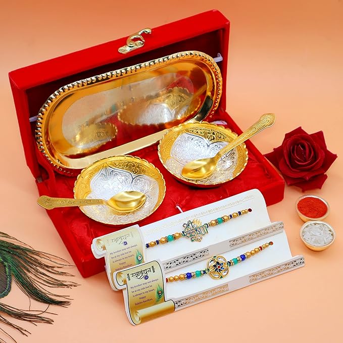 Premium Rakhi Combo with German Silver Bowl Set, Designer Rakhi, Greeting Card and Festive Gift product image