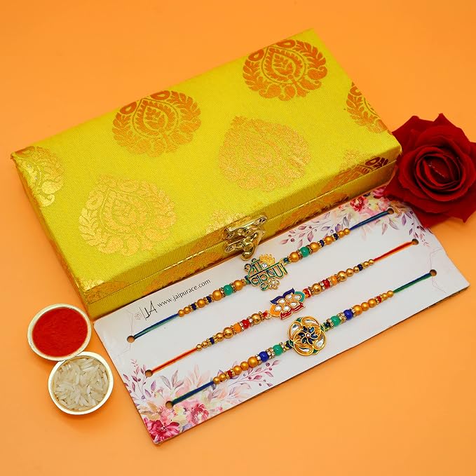 Designer Rakhi Combo Set with Decorative Wooden Shagun Cash Box for Brother, Bhai, Bhabhi product image