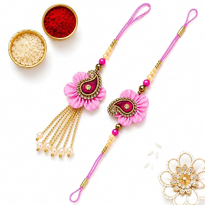 Designer Couple Rakhi Set with Pink Floral Lumba, Premium Beads, Greeting Card, Roli Chawal Gift Set product image
