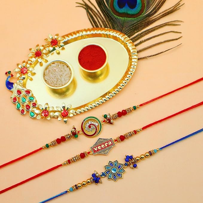 Premium 3 Rakhi Combo Set with Designer Pooja Thali, Peacock & Evil Eye Rakhi, Roli Kumkum product image