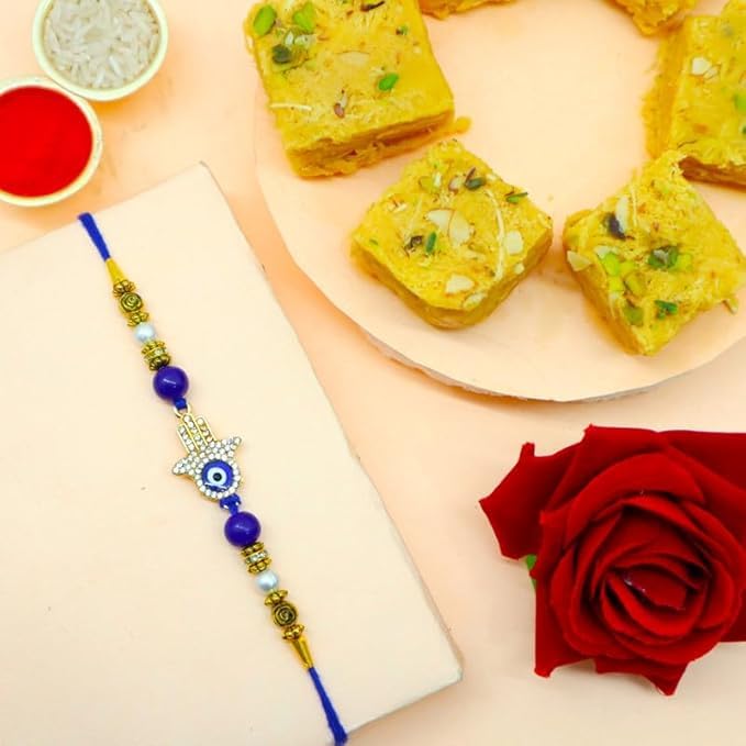 Premium Evil Eye Rakhi with 200g Soan Papdi, Roli Chawal & Greeting Card Raksha Bandhan Gift Hamper product image