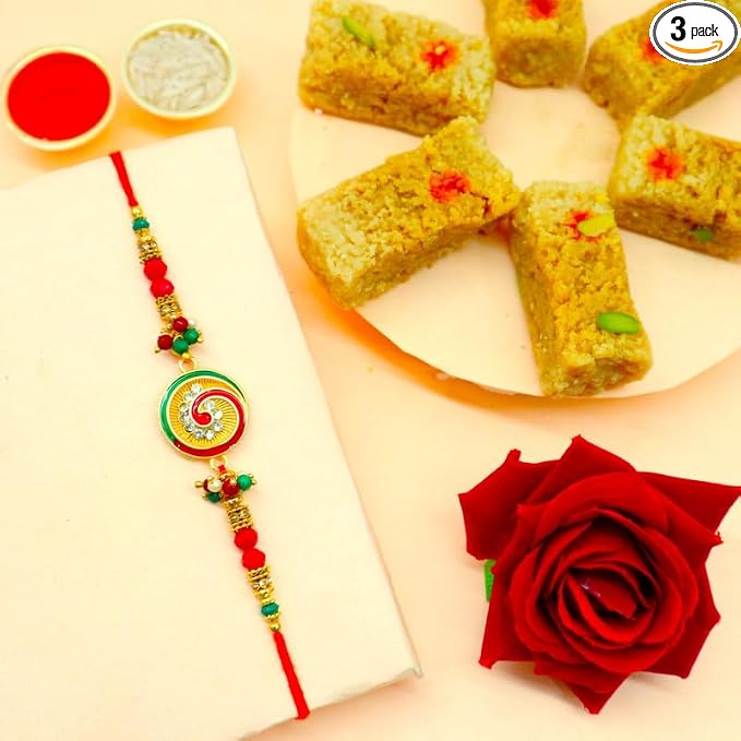 Premium Evil Eye Rakhi with 200g Milk Cake Sweet Hamper, Roli Chawal & Greeting Card for Brother product image