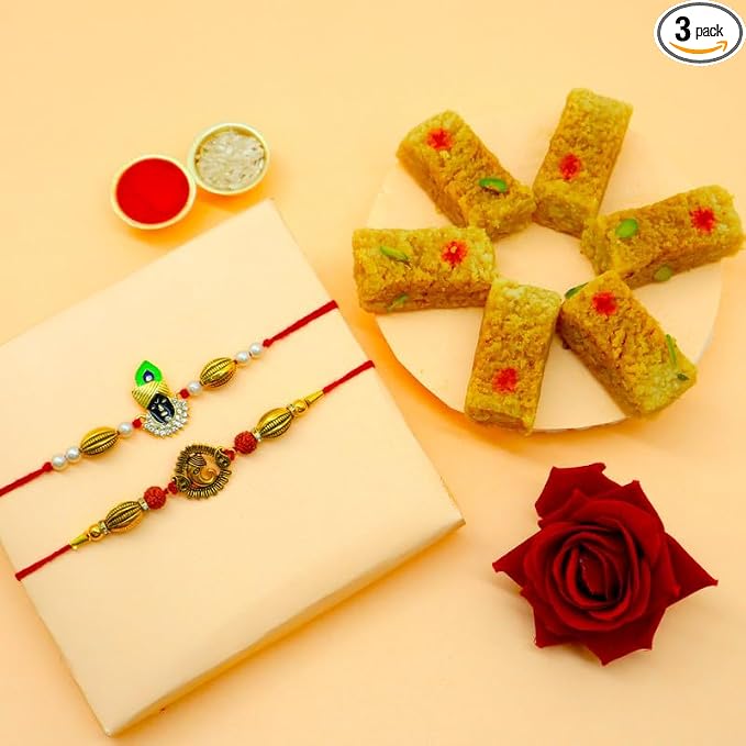 Designer Rakhi Gift Combo with 2 God Rakhis, Milk Cake Box, Roli Chawal & Greeting Card for Brother product image