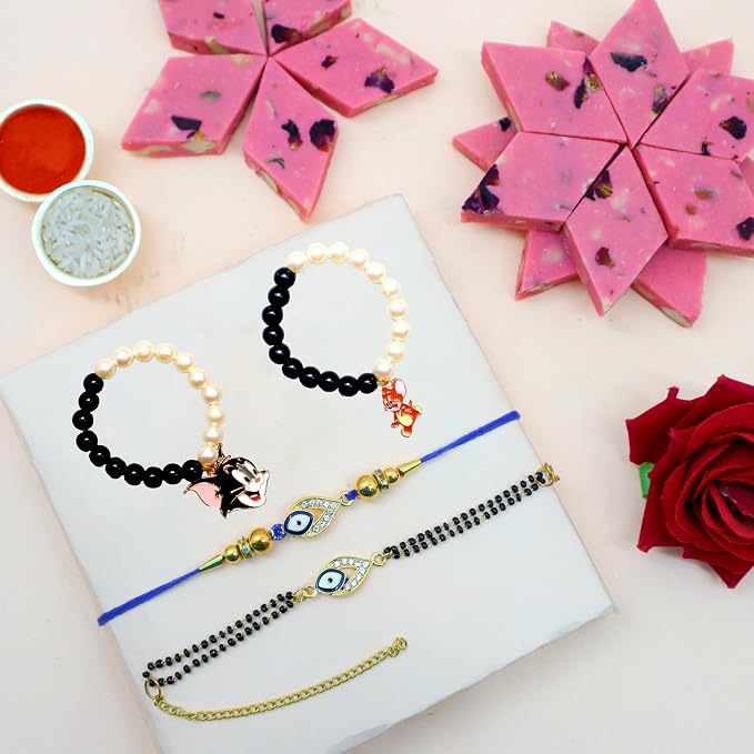 2 Kids Evil Eye Rakhi Gift Set with Kaju Katli, Cartoon Rakhi, Roli Chawal & Greeting Card product image