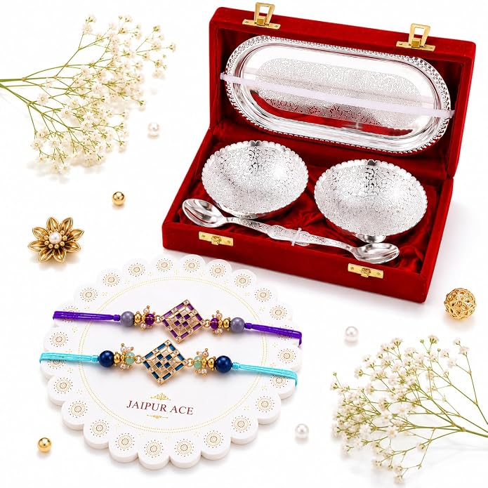 Jaipur Ace Bhaiya Bhabhi Rakhi Gift Hamper with Copper Pooja Thali & 2 Designer Rakhis product image
