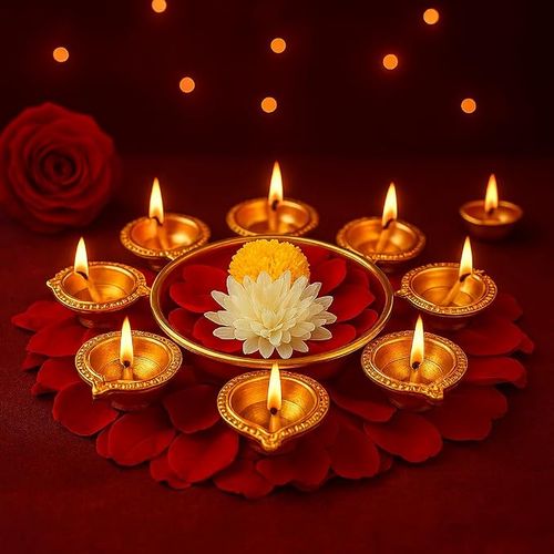 Jaipur Ace Elegant Urli Gold Metal Diya and Tealight Candle Holders with Floral Arrangement Bowl.