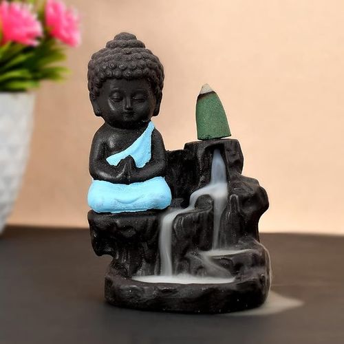 JAIPUR ACE Decorative Meditating Monk Buddha Idol/Statue | Smoke Back Flow Cone Incense Holder Decor