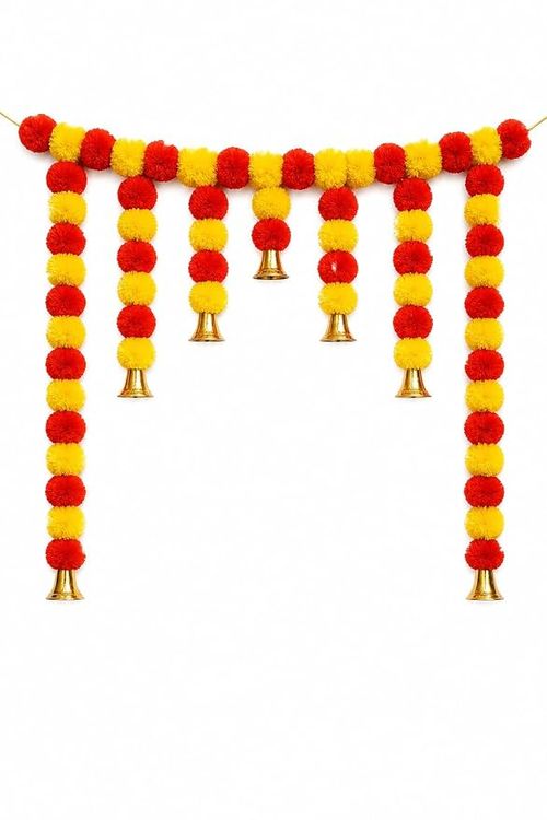 Jaipur Ace Traditional Double Door Decoration with Floral Carvings, Pom-Pom Garland & Bells .