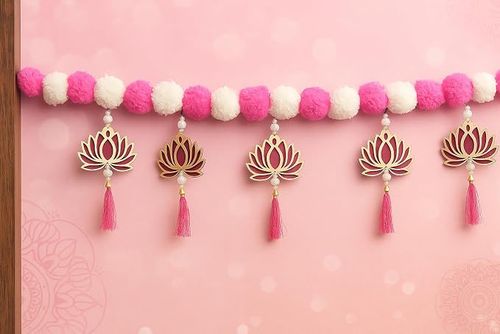 Jaipur Ace Beautiful Pink and White Pom-Pom Door Hanging with Golden Lotus Design and Tassels.