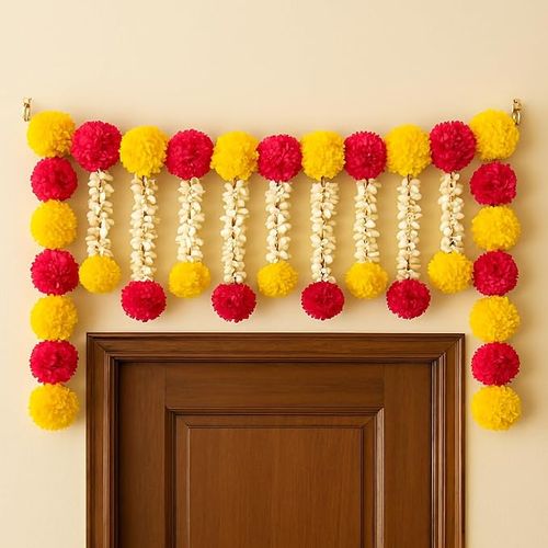 Jaipur Ace Traditional Marigold Style Artificial Door Hanging Toran with Red and Yellow Pom-Poms.