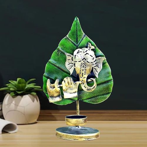 JAIPUR ACE Iron Metal Lord Ganesha on Green Leaf Tealight or Candle Holder Stand Idol Showpiece.