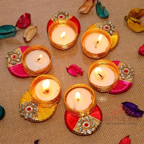 Jaipur Ace Decorative Tealight Diya | Handmade Kundan Work Set | Festive Decoration (Set of 6)