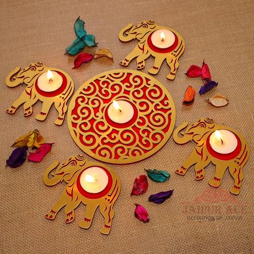 Jaipur Ace Diwali Decorative Elephant Rangoli Tealight | Handmade MDF Cutting 4 Elephant Tealight 