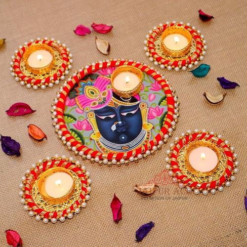 Jaipur Ace Decorative Diwali Tealight Diya Set, Handmade Shree Nath Ji Rangoli Thali with 4 Tealight