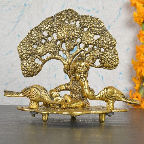 JAIPUR ACE Bal Gopal Eating Makhan/Butter Gold Plated Antique Metal Krishna Sitting Under Tree Decor