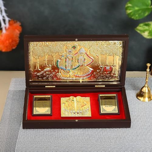 Jaipur ACE Gold Plated Radhe Shyam Charan Paduka Yantra | Devotional Prayer Box Wooden Momento 