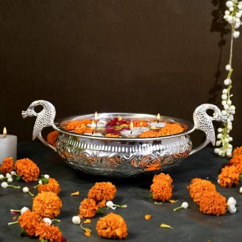 JAIPUR ACE Decorative Pure Brass Silver Plated Urli with Peacock Handle l Urli for Home Decor 