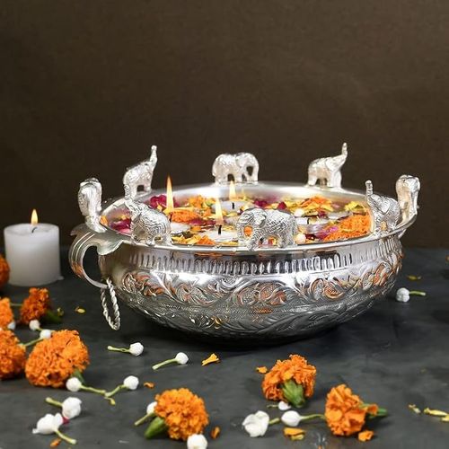 JAIPUR ACE Decorative Running Elephant Silver Plated Pure Brass Urli with Handle.