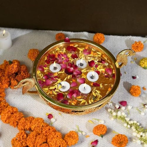 JAIPUR ACE Decorative Pure Brass Gold Urli with Peacock Handle l Urli for Home Decor, Ideal for Gift