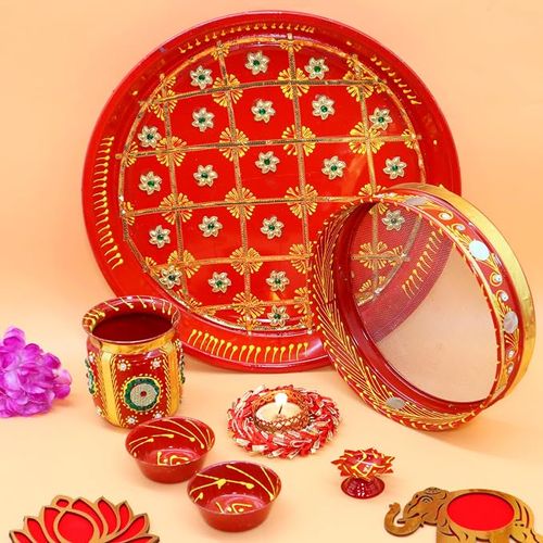 Jaipur Ace Karwa Chauth Traditional and Decorative Pooja Thali Set | Stainless Steel Thali Set.