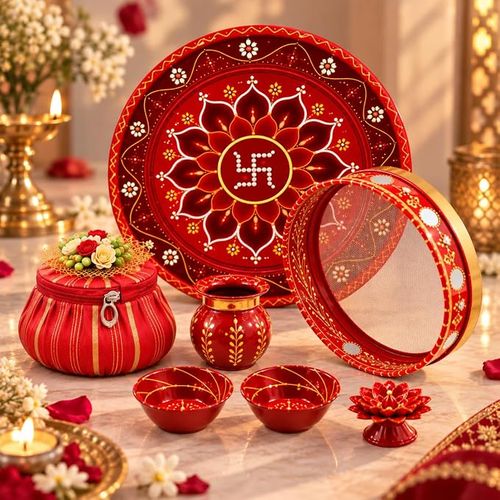 JAIPUR ACE Karwa Chauth Thali Set Combo for Women, Traditional Pooja Thali with Karwa, Channi Sieve,