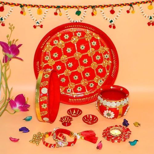 Jaipur Ace Karwa Chauth Traditional Womens Pooja Thali Combo Set, karwachauth Thali with Lota/Kalash