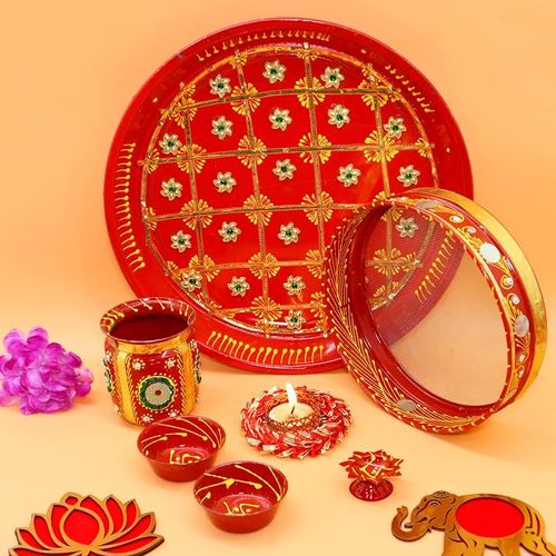 Jaipur Ace Karwa Chauth Traditional and Decorative Pooja Thali Set | Stainless Steel Thali Set 