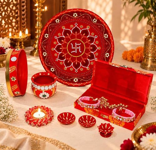 JAIPUR ACE Karwa Chauth Pooja Thali Gift Set for Women, Traditional Vrat Puja Kit with Channi, Karwa