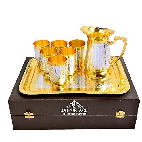 JAIPUR ACE Silver & Gold Plated Pure Brass Water Glass Set with Jug & Tray.