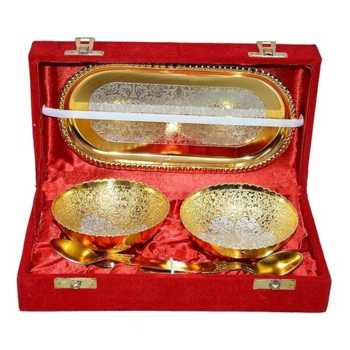 White Metal Silver/Gold Plated Round Bowl Set With Awesome Box -Capsule 5 Pieces, 500 ML