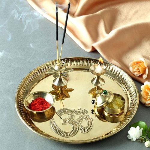 JAIPUR ACE Beautiful Om Carving Pure Brass Pooja Thali with Accessories Set of 5 Pcs 100% Brass 11 