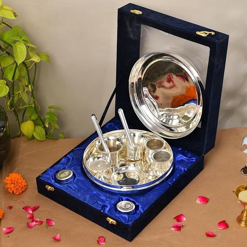 Jaipur Ace Premium Silver Plated Pooja Thali Set in Velvet Box |Decorative Diwali Gift Set.